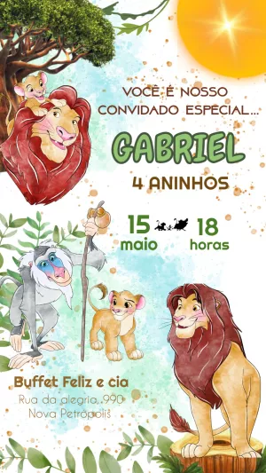 Convite Aniversário Rei Leão Aquarela para Editar Online