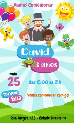 Convite de Aniversário Mundo Bita com Personagens para Editar