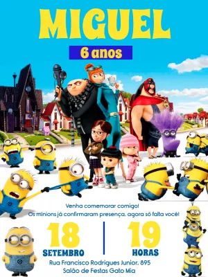 Convite de Aniversário Minions com Personagens para Editar Online
