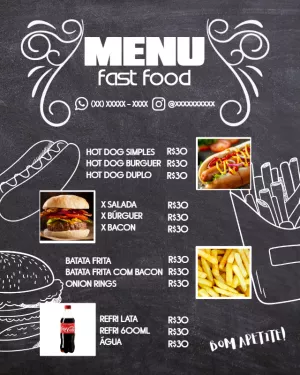 Cardápio Fast Food Estilo Lousa para Editar Online