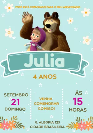 Convite de Aniversário Masha e o Urso para Editar Online