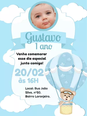 Convite Aniversário Ursinho Baloeiro com Foto para Editar Online