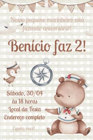 Convite de Aniversário Ursinho Marinheiro para Editar Online
