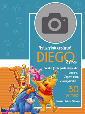 Convite Aniversário Ursinho Pooh com Foto para Editar Online