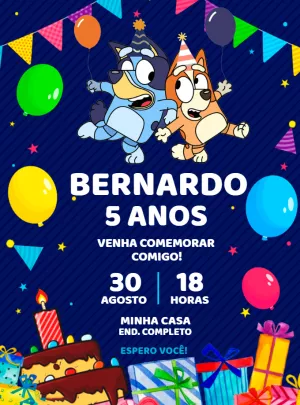 Convite Aniversário Bluey e Bingo para Editar Online