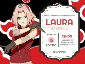 Convite de Aniversário Sakura (Naruto) para Editar Online