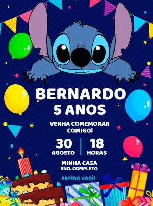 Convite de Aniversário Stitch para Editar e Imprimir