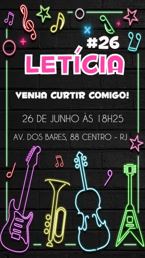 Convite de Aniversário Balada Neon Musical para Editar Online