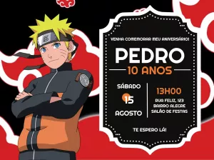 Convite de Aniversário Naruto com Nuvens Akatsuki para Editar