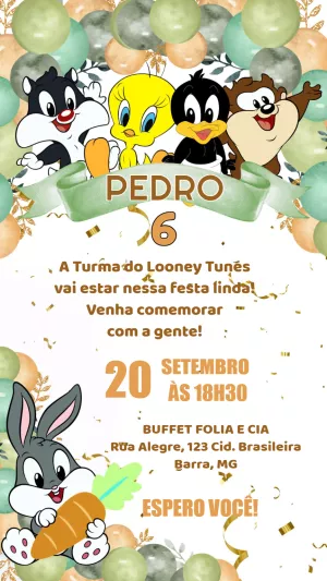 Convite Aniversário Looney Tunes Baby para Editar Online
