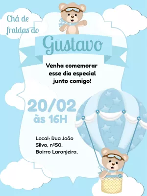 Convite Chá de Fraldas Ursinho Baloeiro para Editar Online