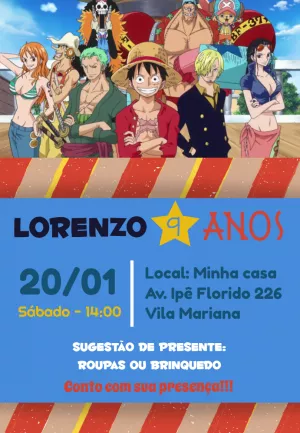 Convite de Aniversário One Piece com Luffy para Editar Online