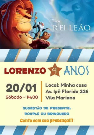 Convite de Aniversário O Rei Leão com Personagens para Editar