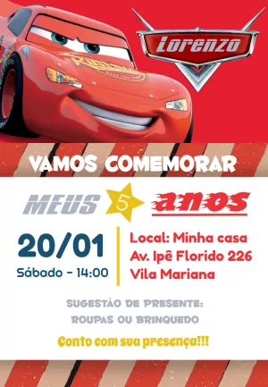 Convite de Aniversário Carros Relâmpago McQueen Editável