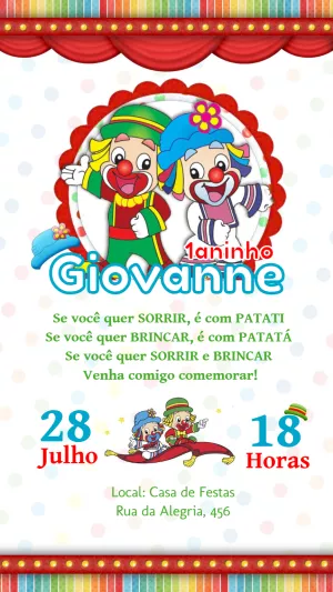 Convite de Aniversário Patati Patatá para Editar Online