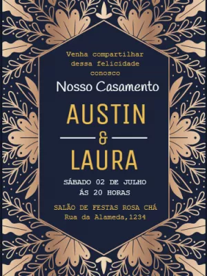Convite de Casamento Floral Azul e Dourado para Editar Online