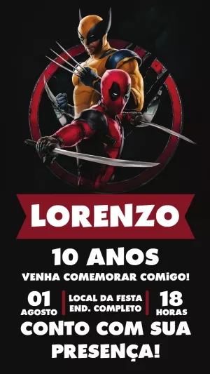 Convite de Aniversário Deadpool e Wolverine para Editar Online