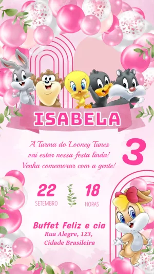 Convite Aniversário Looney Tunes Baby Rosa para Editar Online