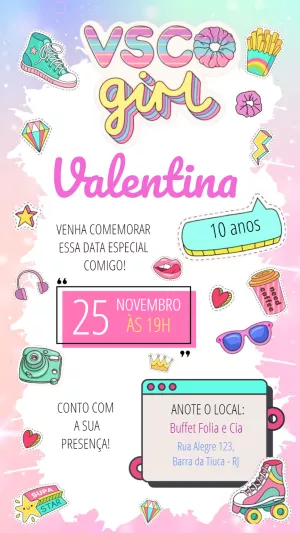 Convite Aniversário VSCO Girl Estilo Adesivos para Editar