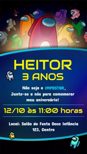 Convite Aniversário Among Us com Personagens para Editar Online