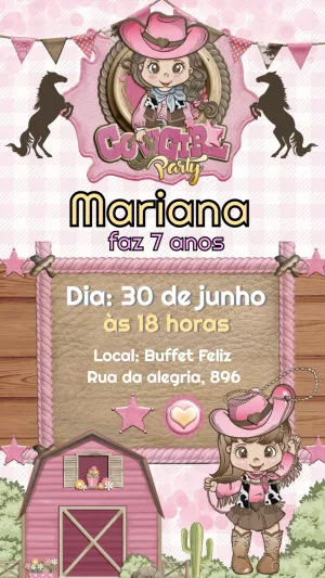 Convite de Aniversário Cowgirl Rosa para Editar e Imprimir