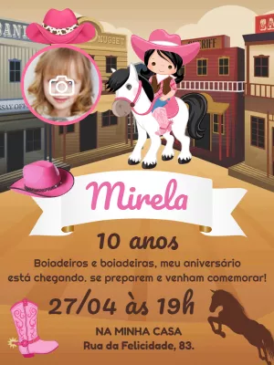 Convite Aniversário Boiadeira com Foto para Editar Online