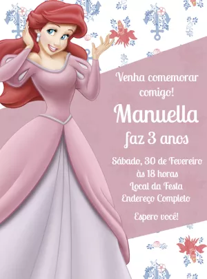 Convite Aniversário Ariel A Pequena Sereia para Editar Online