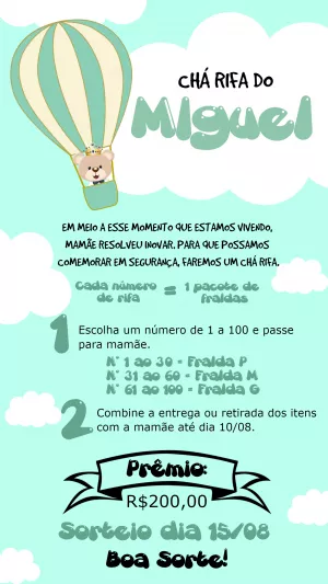 Convite Chá Rifa Ursinho Baloeiro para Editar Online