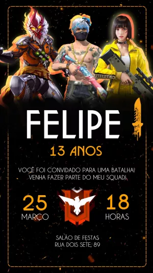 Convite de Aniversário Free Fire com Personagens para Editar