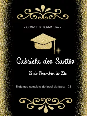 Convite de Formatura Preto e Dourado para Editar Online