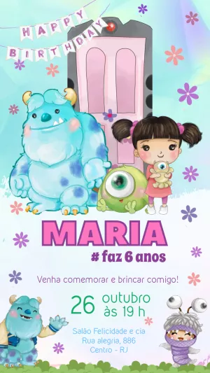 Convite Aniversário Monstros SA Cute para Editar Online