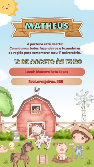 Convite Aniversário Fazendinha com Animais para Editar Online