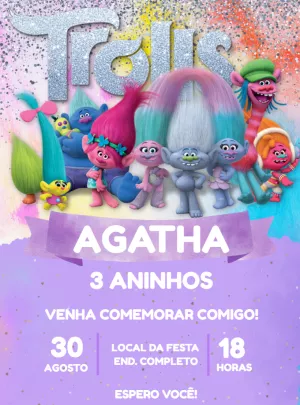 Convite de Aniversário Trolls com Personagens para Editar Online