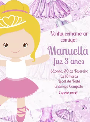Convite Aniversário Bailarina Delicado para Editar Online