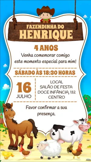 Convite Aniversário Fazendinha com Animais para Editar Online