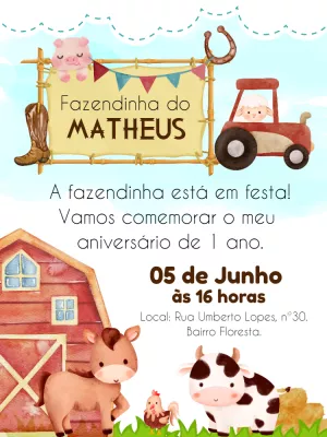 Convite Aniversário Fazendinha com Animais para Editar Online