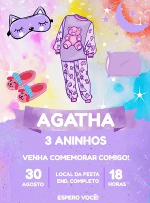 Convite Aniversário Festa do Pijama Lilás para Editar Online