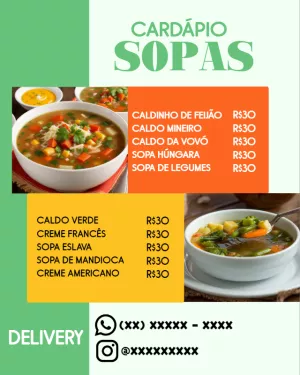 Cardápio de Sopas e Caldos com Fotos para Editar Online