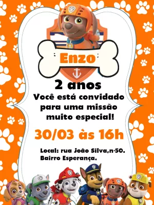 Convite de Aniversário Patrulha Canina Zuma para Editar