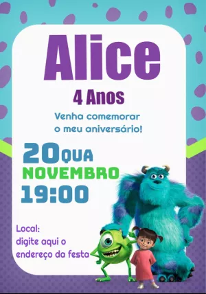 Convite de Aniversário Monstros S.A. para Editar Online