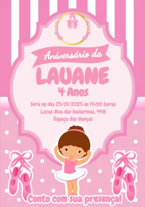 Convite de Aniversário Bailarina Rosa para Editar Online