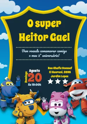 Convite de Aniversário Super Wings com Personagens para Editar