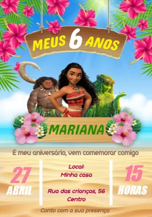 Convite de Aniversário Moana com Personagens para Editar Online
