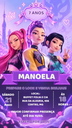Convite de Aniversário Guerreiras K-pop Roxo e Rosa para Editar
