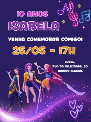 Convite Aniversário Guerreiras K-Pop para Editar Online