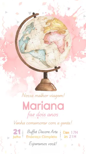 Convite de Aniversário Viagem Aquarela Rosa para Editar