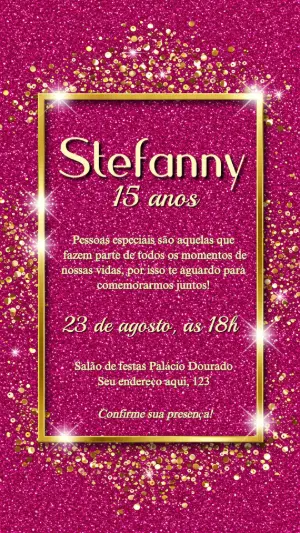 Convite de 15 Anos Glitter Rosa e Dourado para Editar