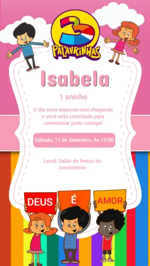 Convite Digital Infantil 3 Palavrinhas Gospel para Editar