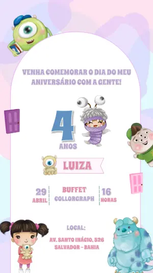 Convite Aniversário Monstros S.A. com Boo e Mike para Editar