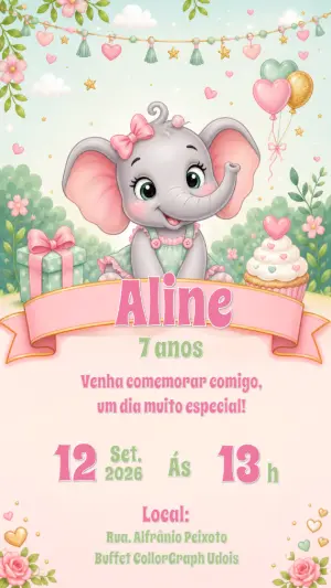 Convite de Aniversário Elefantinha Rosa e Verde Editável